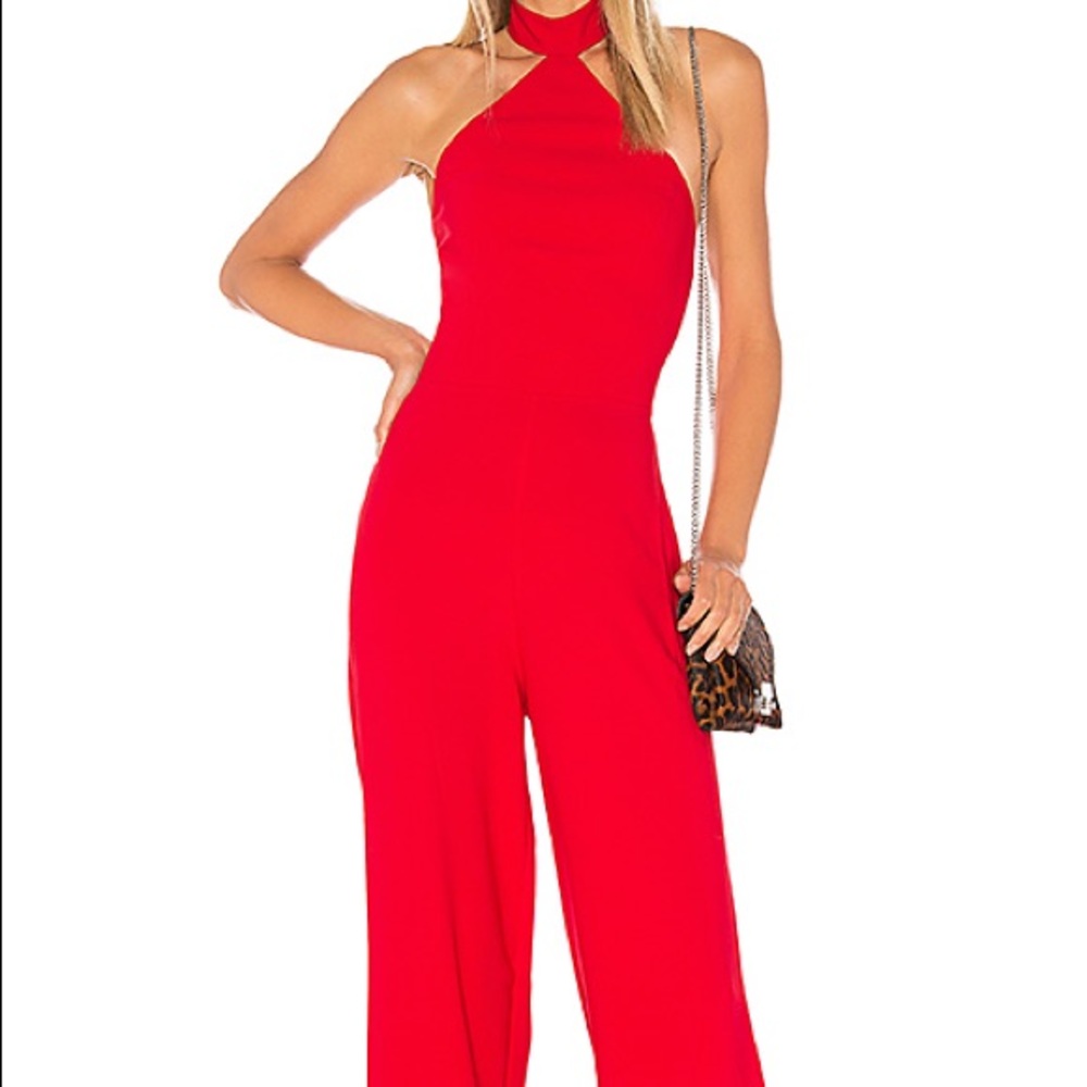 AMANDA UPRICHARD RED HALTER NECK JUMPSUIT